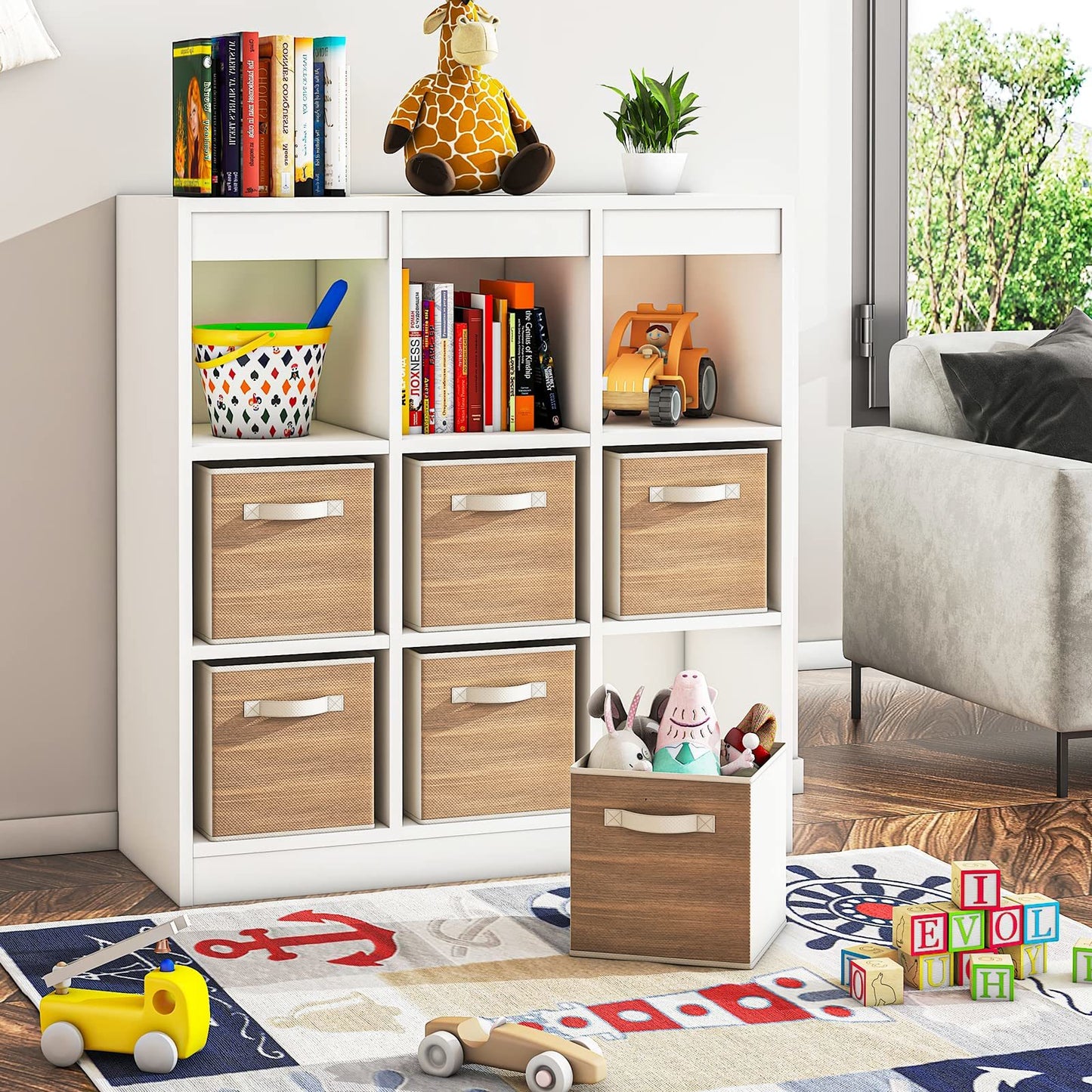 Fabric Storage Cubes with Handle, Foldable Cube Storage Bins, 6 Pack Storage Baskets for Shelves, Storage Boxes for Organizing Closet Bins, Wood Grain