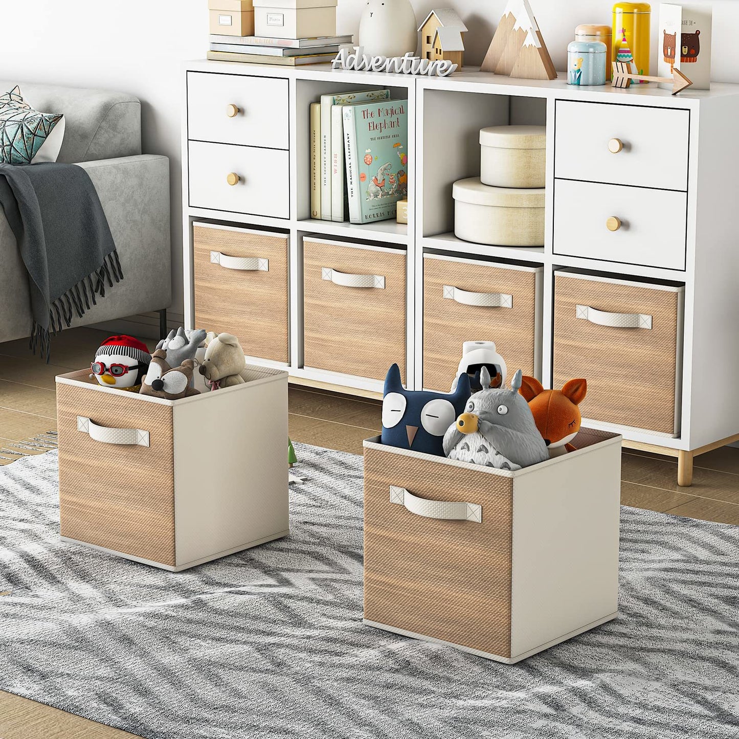 Fabric Storage Cubes with Handle, Foldable Cube Storage Bins, 6 Pack Storage Baskets for Shelves, Storage Boxes for Organizing Closet Bins, Wood Grain
