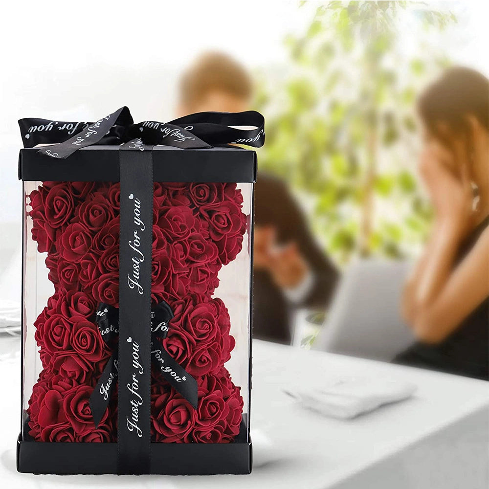 Gifts for Women - Rose Bear - Rose Flower Bear Hand Made Rose Teddy Bear - Gift for Valentines Day; Mothers Day; Wedding and Anniversary & Bridal Showers - w/Clear Clear Gift Box 10 Inch (Red)
