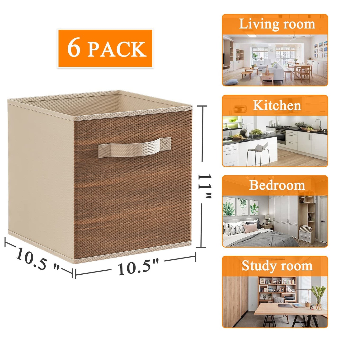 Fabric Storage Cubes with Handle, Foldable  Cube Storage Bins, 6 Pack Storage Baskets for Shelves, Storage Boxes for Organizing Closet Bins, Wood Grain