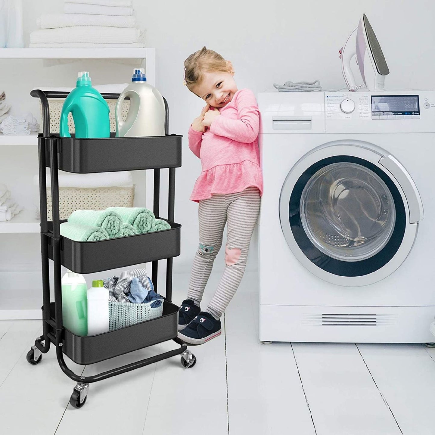 Rolling Trolley With Wheels Bathtub Manager Tolley Rolling Metal Tissue Trolley Handle -Black