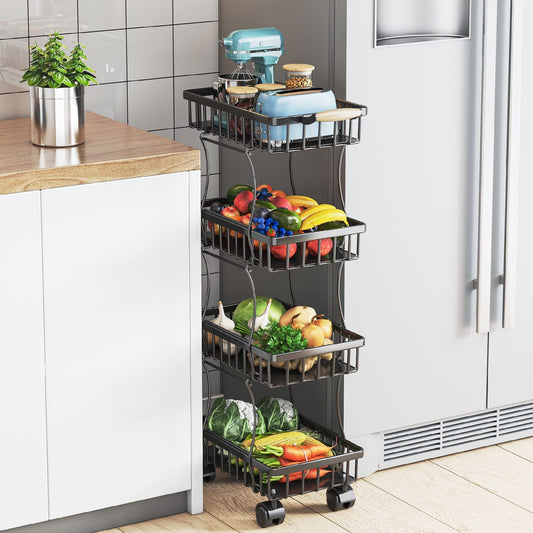 4 Tier Fruit Vegetable Basket for Kitchen, Storage Cart, Vegetable Basket Bins, Wire Storage Organizer Utility Cart with Wheels, Medium, Black